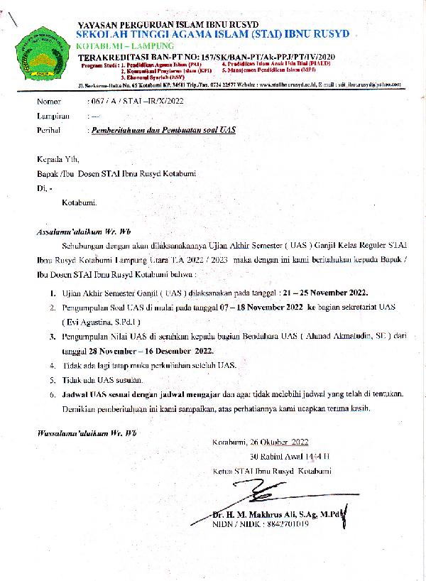 Pemberitahuan dan Pembuatan Soal UAS STAI Ibnu Rusyd Kotabumi