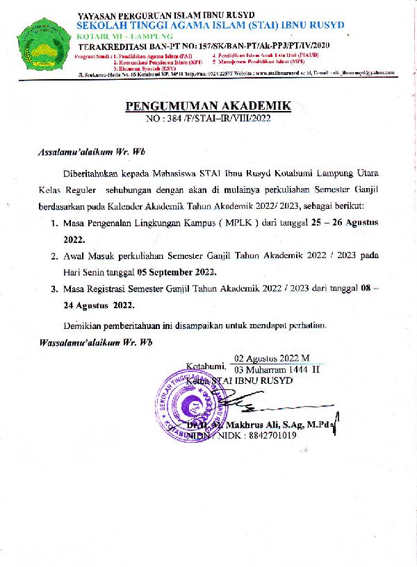 Pengumuman Akademik Mahasiswa STAI Ibnu Rusyd Kotabumi