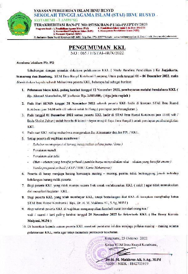 Pengumuman KKL (Kuliah Kerja Lapangan) STAI Ibnu Rusyd Kotabumi