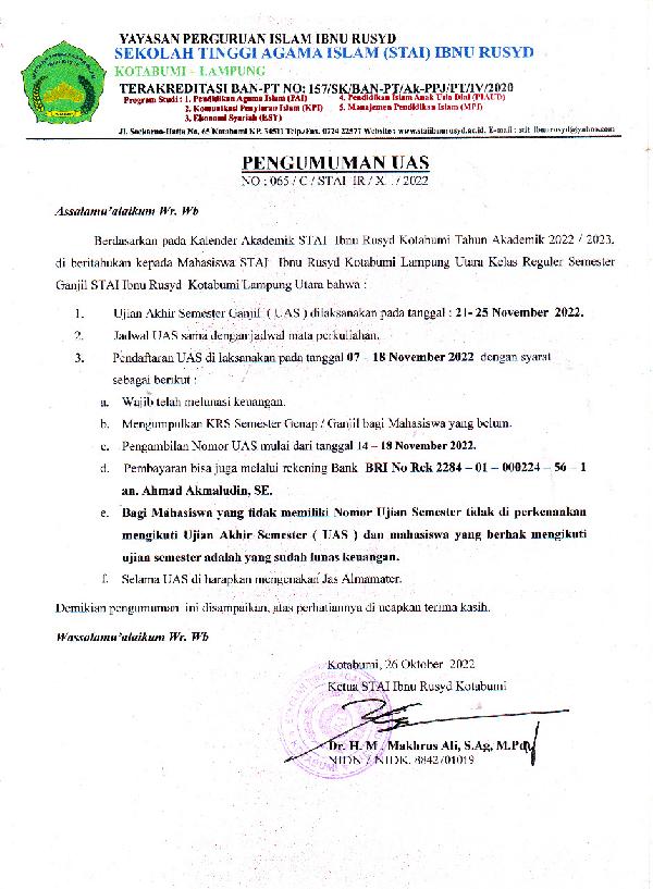 Pengumuman UAS STAI Ibnu Rusyd Kotabumi