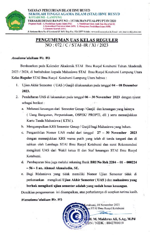 Pengumuman Ujian Akhir Semester Ganjil 2023 2024