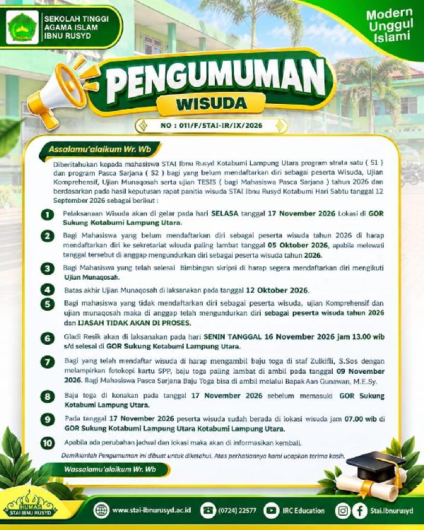 Pengumuman Wisuda STAI Ibnu Rusyd Kotabumi Tahun 2026, Pendaftaran Peserta Dibuka hingga 5 Oktober
