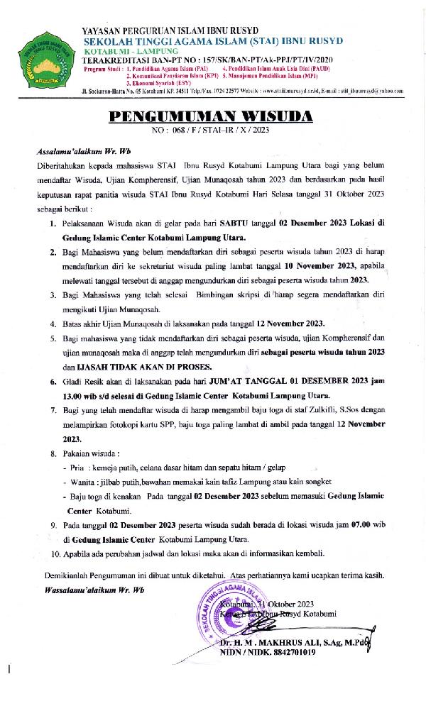 Pengumuman Wisuda STAI Ibnu Rusyd Kotabumi