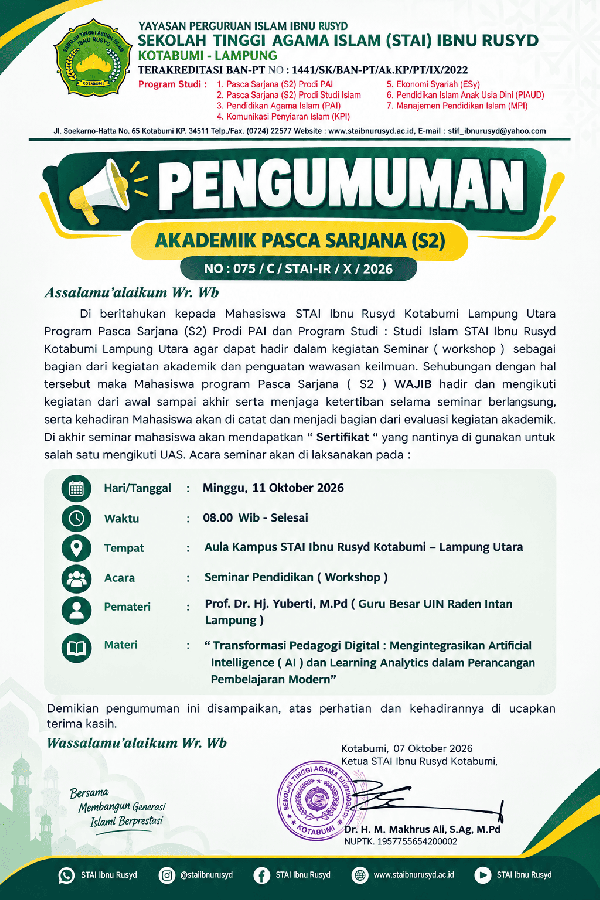 STAI Ibnu Rusyd Kotabumi Gelar Seminar Pendidikan, Bahas Transformasi Pedagogi Digital Berbasis Arti